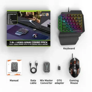 7 in 1 Mobile Gaming Combo Pack Bundle for PUBG with Gaming Mouse Keyboard Mobile Adapter & Holder